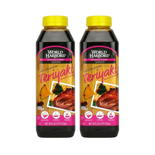 World Harbors Maui Mountain Teriyaki Sauce & Marinade Perfect for Fish, Chicken, Beef, Pork, Wings, Dumplings, Shrimp, Steak, Stir-Fries, Rice & Vegetables Made in USA 16-Fl Oz Bottle, (Pack of 2)
