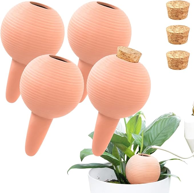 Plant Watering Globes Set of 4, 14oz Terracotta Self-Watering Globes for PottedPlants, Watering Planter Insert Bulbs with Cork Stoppers, Automatic Watering Spikes for Indoor&Outdoor Plants