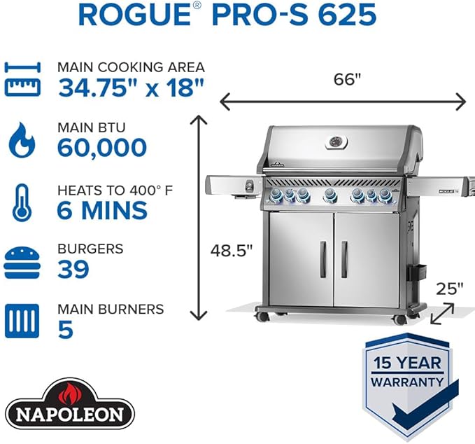 Napoleon Rogue PRO-S 625 Propane Gas Grill with Infrared Side and Rear Burners, Stainless Steel, Durable 7-Burner Ultimate Grilling Experience