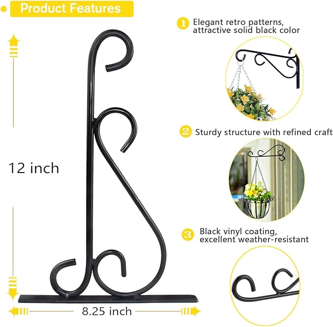 Hanging Plant Brackets, 2pcs 12 Inch Heavy Duty Wall Mount Bracket Strong Durable Rust-Resistant Plant Hanger Hook with High Load Capacity 120lb for Hanging Plants Bird Feeder Lantern Wind Chimes
