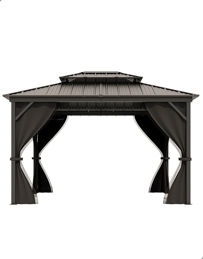 12x14 Ft Hardtop Gazebos with Heavy Duty Double Roof, Nettings and Curtains Galvanized Steel Outdoor Gazebos for Patio, Backyard, Deck, Lawn (Grey)