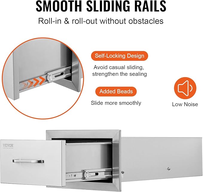 VEVOR 14x8.5 Inch Outdoor Kitchen Drawers Stainless Steel, Flush Mount Double Drawers,14W x 8.5H x 23D Inch, with Stainless Steel Handle, BBQ for Outdoor Kitchens or BBQ Island