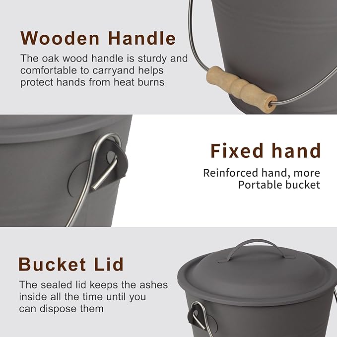 BRIAN & DANY Mini Ash Bucket with Lid and Shovel, 1.3 Gallon Fireplace Metal Bucket with Broom, Coal Bucket Ash Can for Fireplace, Ashes, Fire Pit, Wood Burning Stove, Grey