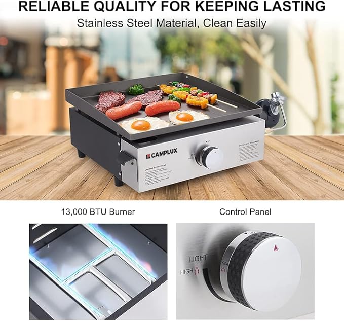Camplux Propane Gas Grill,Flat Top Grill Station for Kitchen,Camping,Outdoor,Tabletop -Stainless Steel BBQ Griddle with Knobs & Ignition,17inch