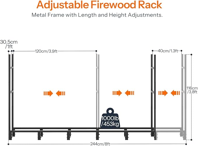 HOOBRO 8FT Firewood Rack with Cover, Outdoor Firewood Log Rack, Adjustable Log Holder with Waterproof Cover, Fireplace Wood Storage, Heavy Duty Wood Holder, for Indoor and Outdoor, Black BB02CH02