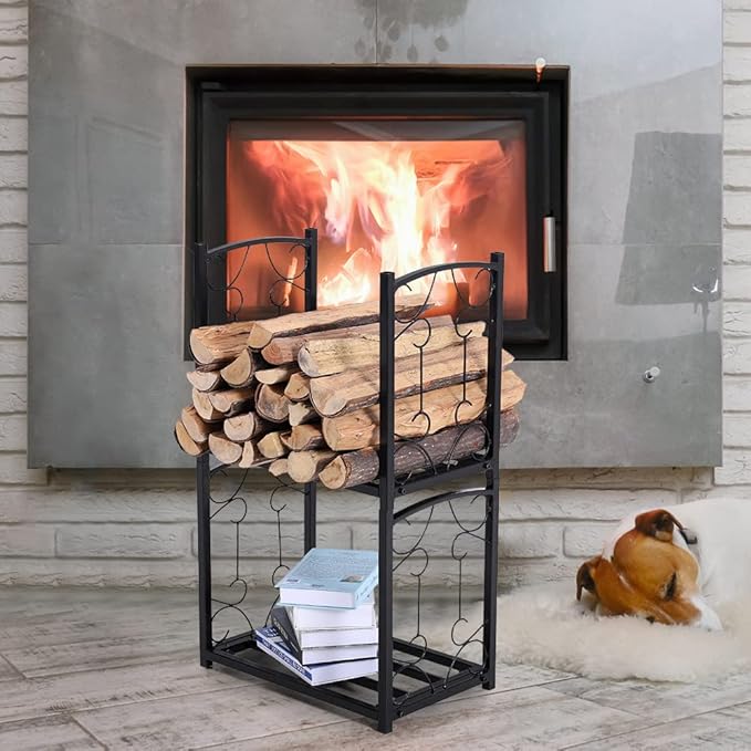PHI VILLA 2-Layer Firewood Rack Heavy Duty Double-Layer fireplace wood holder Sorting Storage Rack for Outdoor Indoor Decoration