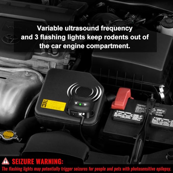 Under Hood Rodent Repellent for Car Engines, Dual Action Ultrasonic & LED Strobe Lights for High-Efficiency Rat and Mouse Deterrent, Pest Control for 12V 24V Vehicles, Cars, Trucks, RVs