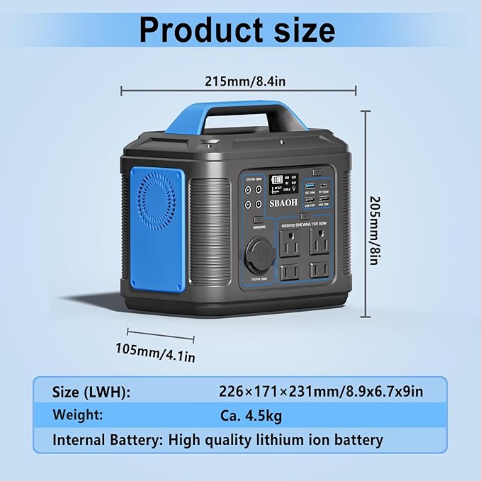 Portable Power Station, 300W 296Wh Solar Generator Quick Charge / 110V AC Outlets/DC Ports and LED Flashlight, Lithium Battery Backup for Home Outdoor Travel Camping Blackout blue