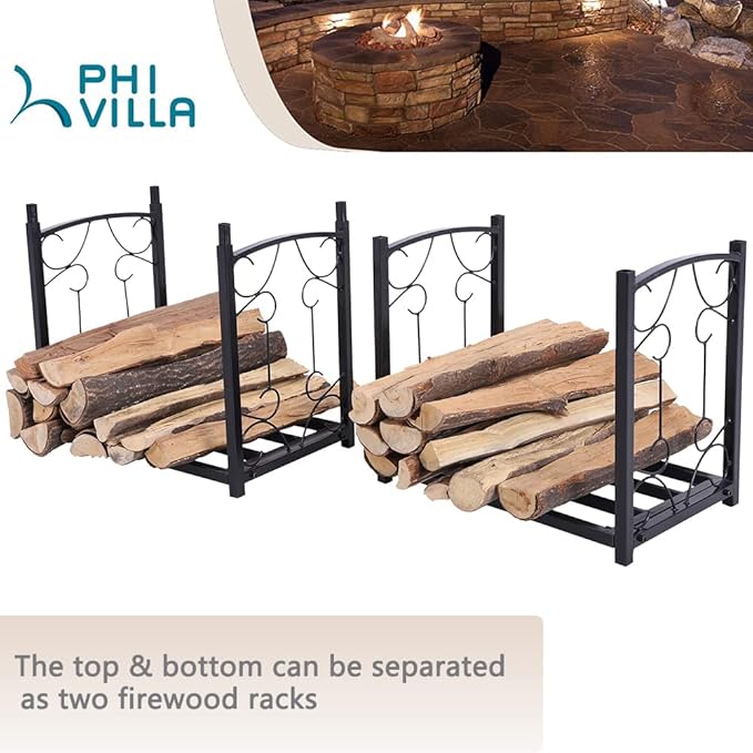 PHI VILLA 2-Layer Firewood Rack Heavy Duty Double-Layer fireplace wood holder Sorting Storage Rack for Outdoor Indoor Decoration
