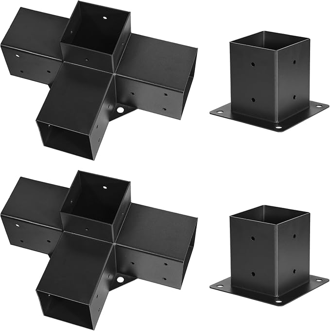 VEVOR Pergola Bracket Kit, 4x4 Inch (Inner Size 3.5x3.5), 2 Pcs 4-Way Heavy Duty Corner Bracket Woodworks DIY Post Base Kit, Easy Installation Wooden Beams for Gazebos, Patio Pergolas, Log Cabin