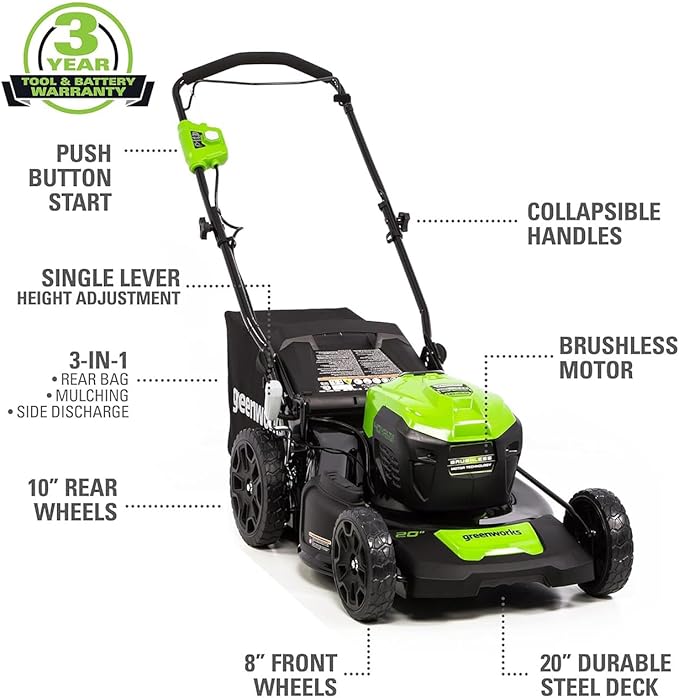 Greenworks 40V 20" Cordless Push Lawn Mower with Axial Leaf Blower(500 CFM / 120 MPH), 12" String Trimmer, 160 PSI Portable Tire Inflator, Includes 2 Batteries(5Ah+2Ah) & Chargers