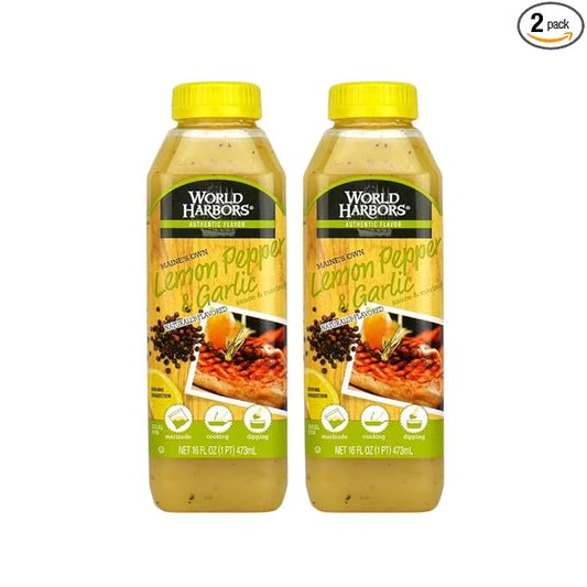 World Harbors Lemon Pepper Garlic Sauce & Marinade, Made in Maine, Ideal for Chicken Wings, Seafood, Grilled Meats, Salads, Stir-Fries, Sandwiches, Salads, Garnish Dipping Sauce 16 oz (Pack of 2)