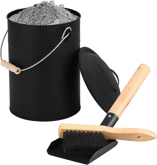 FEED GARDEN 2.5 Gallon Ash Bucket with Lid,Shovel,Broom and Screwdriver,Bucket Ash Can for Fireplace Fire Pits,Wood Stoves,Fireplace Galvanized Iron Bucket,Pellet Charcoal,Indoor Outdoor,Black