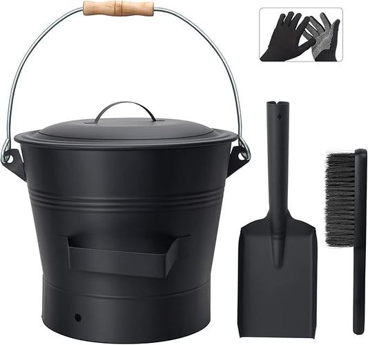 BRIAN & DANY Ash Bucket with Lid, 2.6 Gallon Fireplace Ash Bucket with Shovel and Hand Broom, Metal Bucket for Fireplace, Fire Pit, Wood Burning Stove, Black
