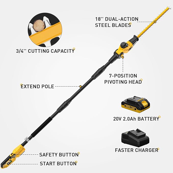 Pole Hedge Trimmer Cordless, 9-Feet Reach Power Hedge Trimmer with Extension Pole, MAX 20-inch, Multi-Angle, 2.0Ah Battery and Fast Charger Included (One Battery Pack)