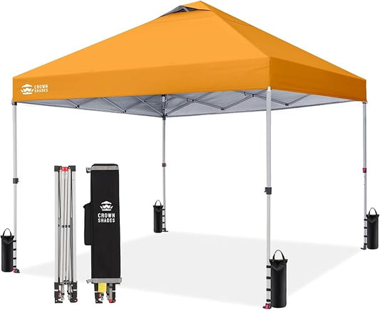 CROWN SHADES 10x10 Pop Up Canopy - Beach Tent with One Push Setup - Easy Outdoor Sun Shade for Events, Parties, Camping - Gazebo with STO-N-Go Cover Bag, Silver Coated Top, Orange