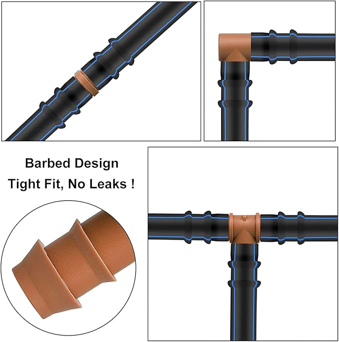 Drip Irrigation Fittings Kit for 1/2" Tubing, 18 Pieces Set Barbed Connectors - 6 Tees, 6 Couplings, 6 Elbows - Drip Line Parts (17mm .600" ID) Half Inch for Garden Sprinkler Systems