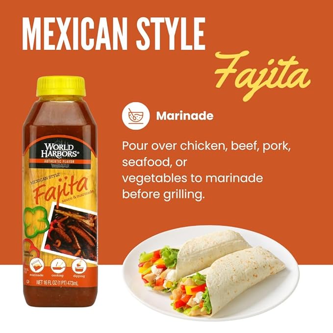 World Harbors Mexican Style Fajita Marinade Pure Mexican Flavors | Perfect for Fajita Meat, Fajita Chicken, and Fajita Veggies. Grill Master's Secret for Fajitas Made in USA 16-Fl Oz (Pack of 2)
