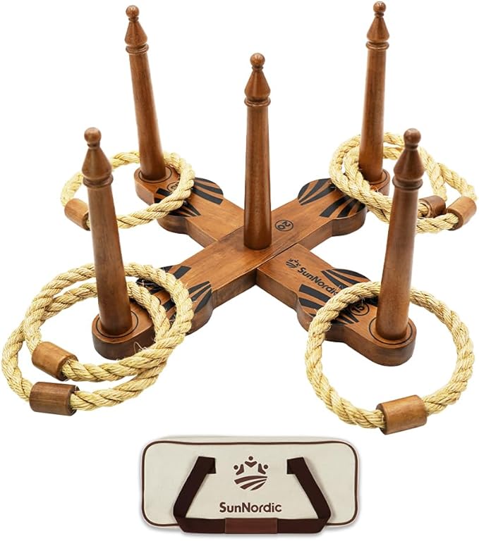 Wooden Ring Toss Game Set, Backyard Beach Camping Game with Toss Rings & Portable Carrying Bag, Outdoor Lawn & Yard Games for Kids, Adults & Family