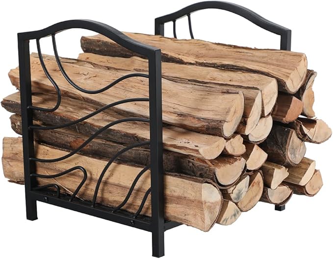 PHI VILLA 17 Inch Firewood Log Rack Bin Indoor/Outdoor Decor Steel Fireplace Wood Holder Storage Brackets Holder Wood Burning Stove Accessories, Black Wave