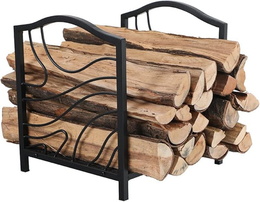 PHI VILLA 17 Inch Firewood Log Rack Bin Indoor/Outdoor Decor Steel Fireplace Wood Holder Storage Brackets Holder Wood Burning Stove Accessories, Black Wave