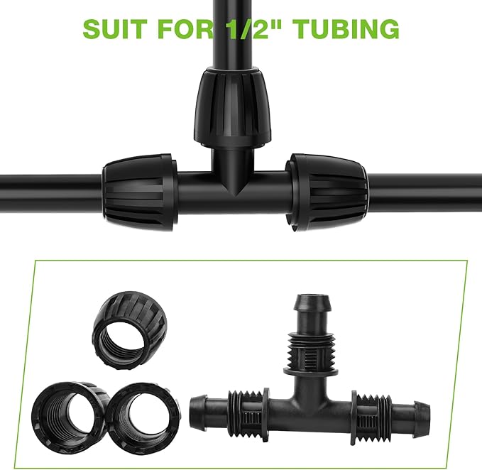 Bonviee 6 Pack 1/2 Inch Drip Irrigation Tee Connectors, Barbed Lock Fittings for 1/2β Tubing, Leak-Proof 3-Way Coupler for Garden Hose, Drip System Repair & Extension