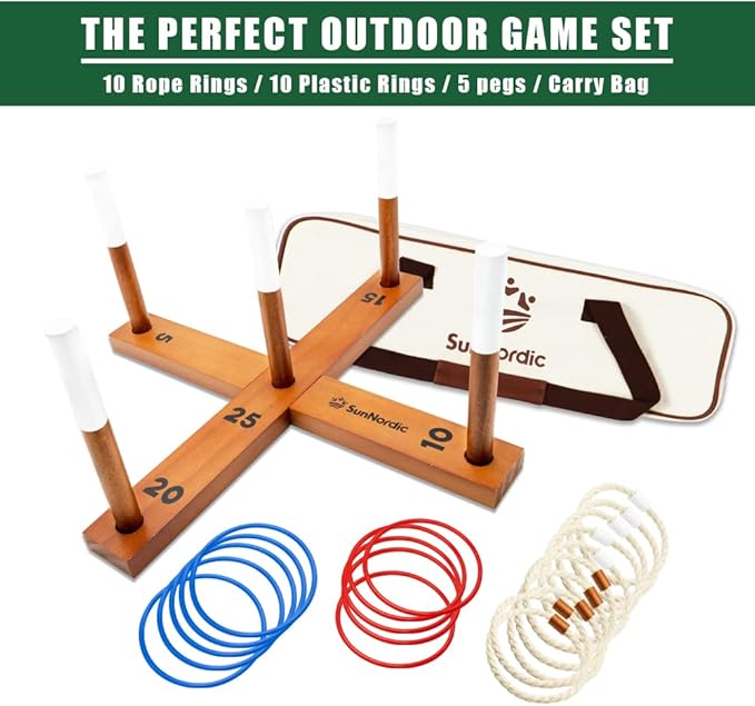 Wooden Ring Toss Game Set, Backyard Beach Camping Game with Toss Rings & Portable Carrying Bag, Outdoor Lawn & Yard Games for Kids, Adults & Family