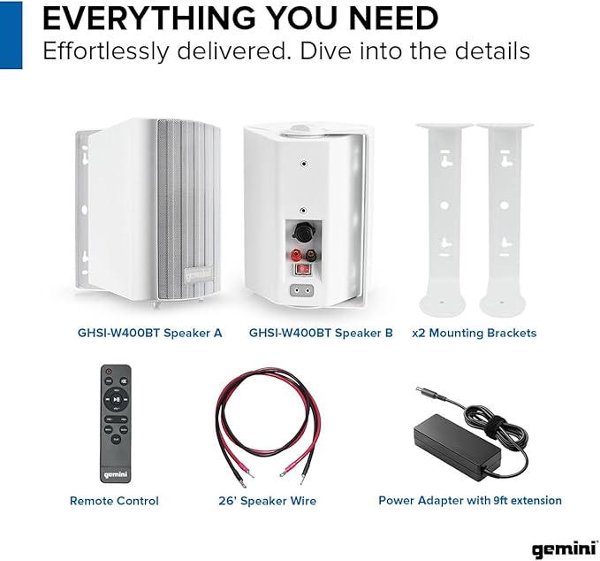 Gemini Sound GHSI-W525BT 5.25" Outdoor Bluetooth Speakers IP44 Waterproof Wired Powered Wall Mount Pair with Aluminum Grills, Patio Ready, Daisy-Chain Up to 16 Speakers, Balanced Stereo Audio (White)