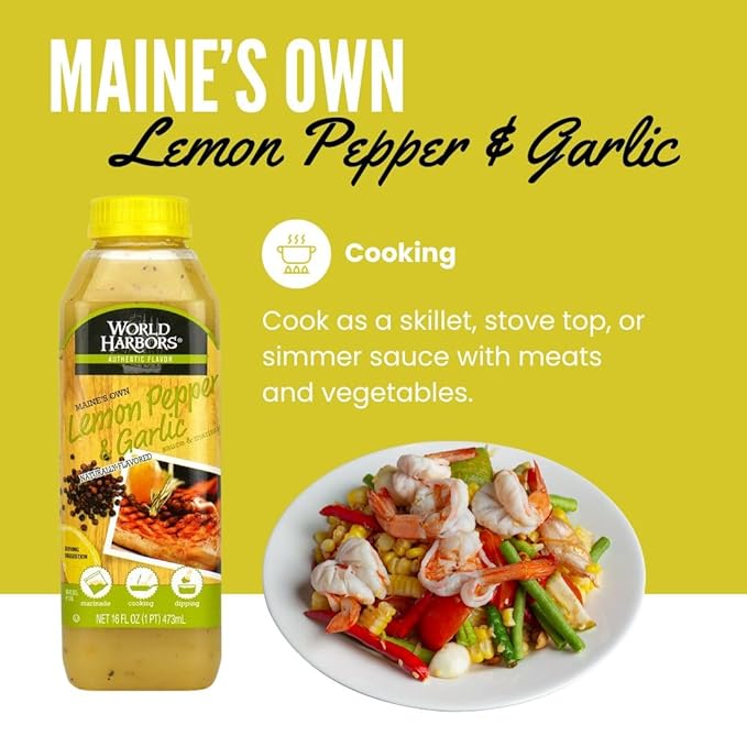 World Harbors Lemon Pepper Garlic Sauce & Marinade, Made in Maine, Ideal for Chicken Wings, Seafood, Grilled Meats, Salads, Stir-Fries, Sandwiches, Salads, Garnish Dipping Sauce 16 oz (Pack of 2)