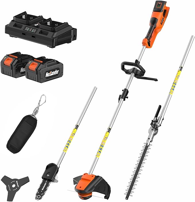 MAXLANDER 40V Hedge Trimmer, Weed Wacker Cordless, 8" Electric Pole Saw and Brush Cutter Blade, 4-in-1 Multi Garden Tools with 2 * 20V 4.0Ah Batteries and 1*Charger