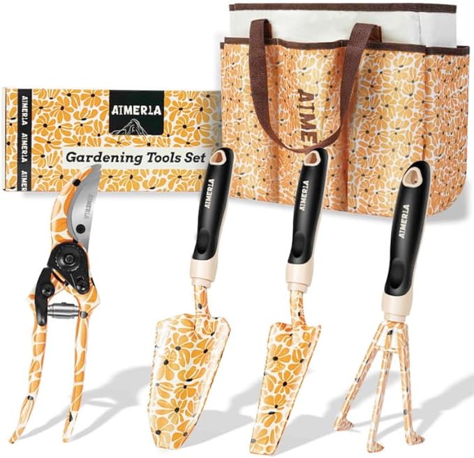 Gardening Tool Set of 5 Heavy Duty Aluminum Garden Tools with Non-Slip Rubber Grip, Fashion Garden Bag, Durable Hand Tools for Garden, Weeding, Gardening Gifts for Women,Men - Daisy