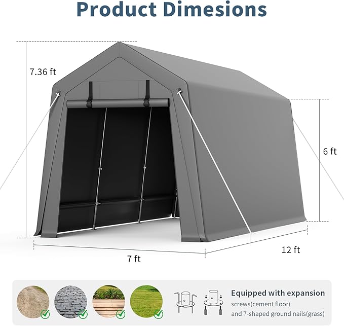 Garvee 7'x12' Outdoor Portable Storage Shed, Waterproof & UV-Resistant Garage Shelter with 2 Roll-Up Zipper Doors, Anti-Snow Carport Tent for Motorcycle, Bike, and Outdoor Equipment, Gray