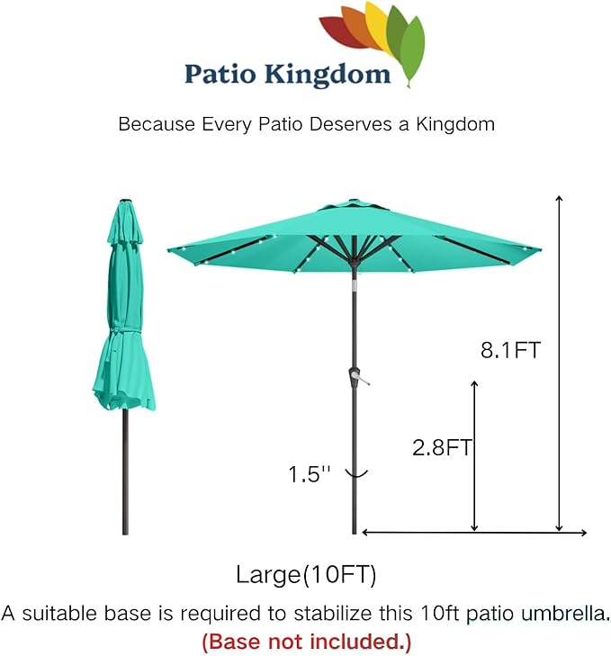 10FT Solar Umbrella 32 LED Lighted Patio Umbrella Table Market Umbrella w/Tilt and Crank, UV-Resistant Outdoor Umbrella for Pool, Garden, Deck, Turquoise Blue