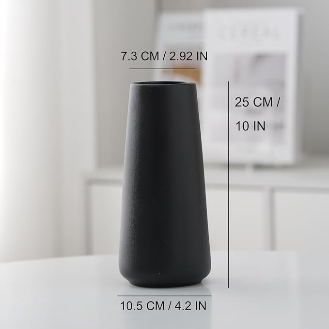 10" Black Vase - Tall Black Ceramic vase for Flower, Simple Matte Black Vases for Pampas Grass, Minimalist Farmhouse Boho vases for Centerpieces, Home Decor, Bathroom Decor