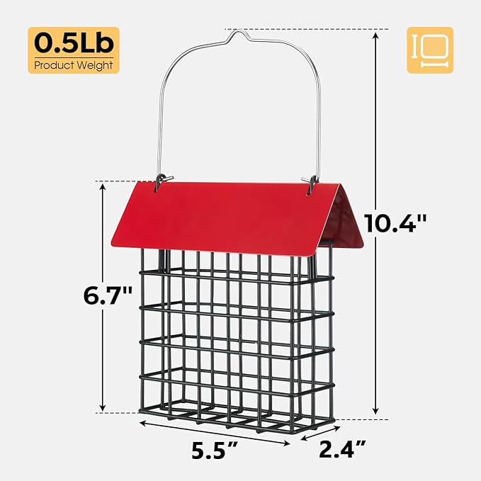 Veehoo 2Pcs Suet Bird Feeder for Outside Hanging with Metal Roof-Suet Cakes Cage Bird Feeder for Outdoors Hanging, Outdoor Garden Wild Bird Feeder Suet Holder, Woodpecker Feeder, Red