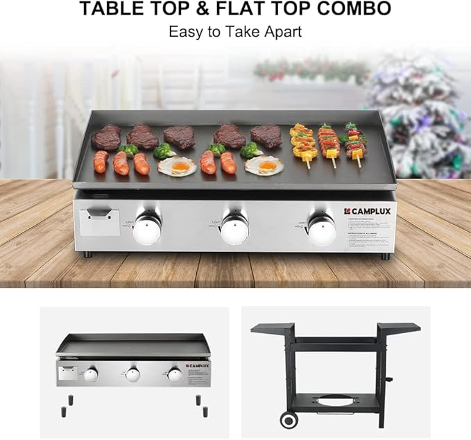 CAMPLUX ENJOY OUTDOOR LIFE Flat Top Grill Griddle,Camplux Propane gas outdoor grill Griddle Cooking Station for Camping,BBQ,Tailgating or Picnicking, Stainless Steel, Silver, Black