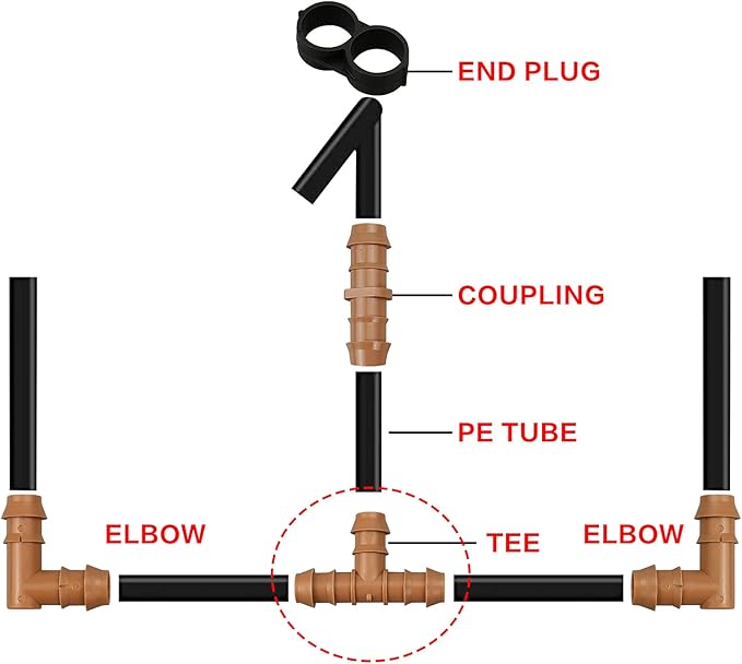 20-Pack Drip Irrigation Barbed Tee Fittings, Fits of 1/2”, 17mm .600” ID Drip Tubing