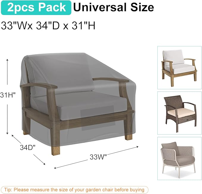 Patio Chair Covers for Outdoor Furniture Waterproof 2 Pack, Lawn Chair Covers 600D Heavy Duty Oxford Cloth, Large Covers for Lounge Lawn Deep Seat Black 33" W×34" D×31" H