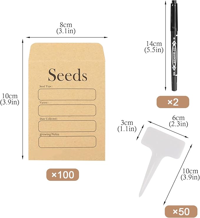 100 Pcs Seed Envelopes, 50 Pcs Plant Labels and 2 Marker Pens