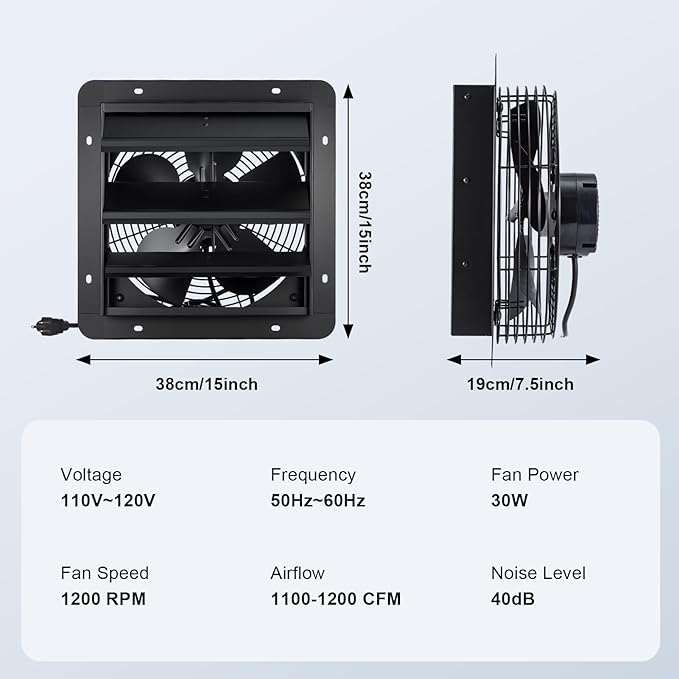 GROWNEER 12 Inch Exhaust Fan with Temperature Humidity Controller, 1200CFM Remote Control Shutter Exhaust Fan, 10-Speed Adjustable Wall Mount Attic Fan for Greenhouses Garages Sheds