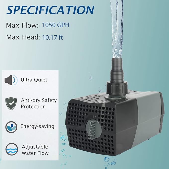 WaterRebirth HSUP4000F Versatile Submersible Pump - Fountain Jets for Ponds, Fish Tanks, Water Gardens - Aquarium & Pond Pump (4000L/H)