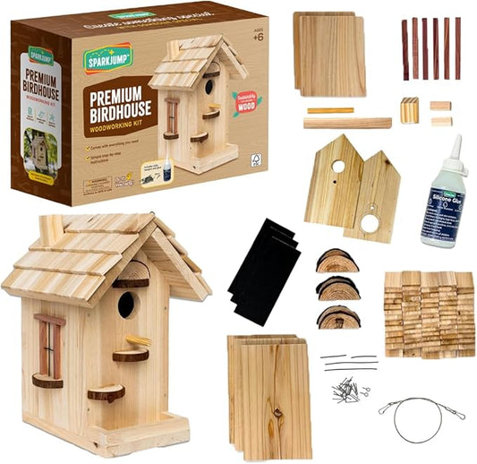 SparkJump Premium Wooden Bird House Kit - Build it Yourself Birdhouse - Birdhouse Kits for Adults to Build - Woodworking Adult Crafts & DIY Bird House