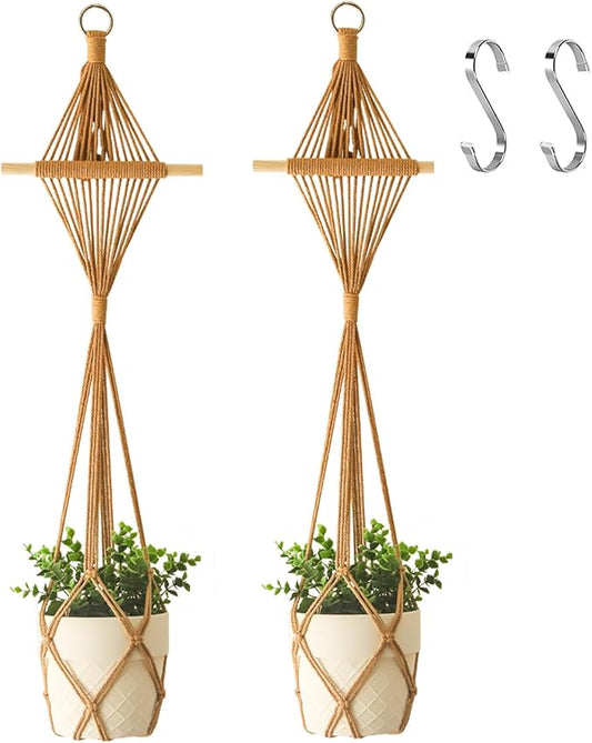 New Diamond Pattern Plant Hanger,2Pcs Handmade Macrame Plant Hangers Indoor with Wood Dowel,Large Crochet Boho Plant Hanger Holder for up to 10in Pot No Tassels (Caramel Wood Hanger)