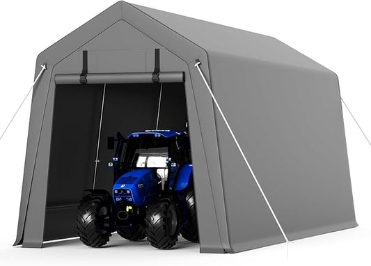 Garvee 7'x12' Outdoor Portable Storage Shed, Waterproof & UV-Resistant Garage Shelter with 2 Roll-Up Zipper Doors, Anti-Snow Carport Tent for Motorcycle, Bike, and Outdoor Equipment, Gray