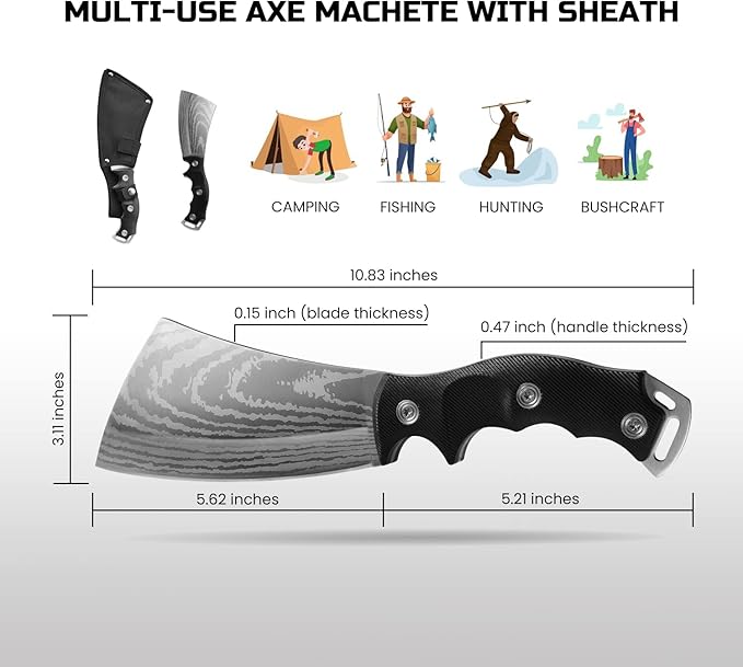 11 Inch Hatchet with Sheath, Small Compact Machete Axes, Fixed Blade Full Tang Camping Tactical Knife for Woodworking, Garden Machete Axe with Sheath for Bushcraft Yards Bushes Wood, A4SL