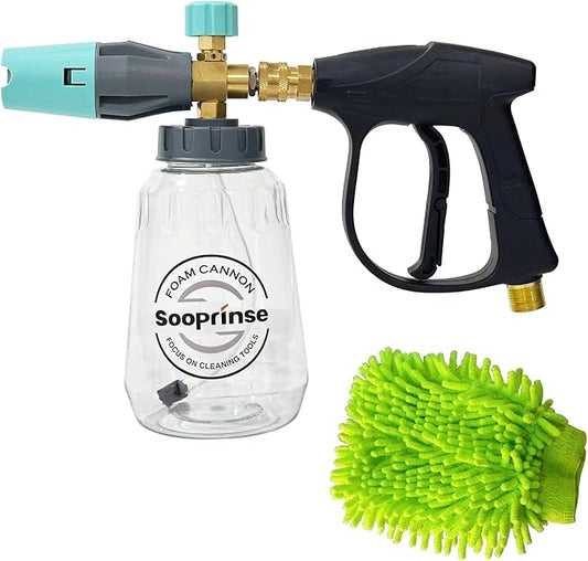 Sooprinse Short Pressure Washer Gun With Foam Cannon, High Pressure Snow Foam Lance, 1/4 Inch Quick Connector, Power Washer Blaster, Car Wash Mitt, 3000 PSI, 1 Liter
