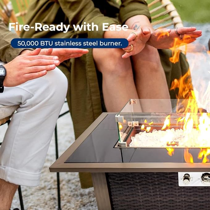 SereneLife 43.5-Inch Outdoor Propane Fire Pit Table – 50,000 BTU, Tempered Glass Wind Guard, Sliding Door, Auto-Ignition, Stainless Steel Burner, Waterproof Cover – Ideal for Patio, Garden & Backyard