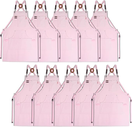 10 Pack Kitchen Aprons, Work Apron, Canvas, Multiple Pockets, Gardening, Painting, BBQ, Artist, Carpenter, Sizes M to XXL, Pink
