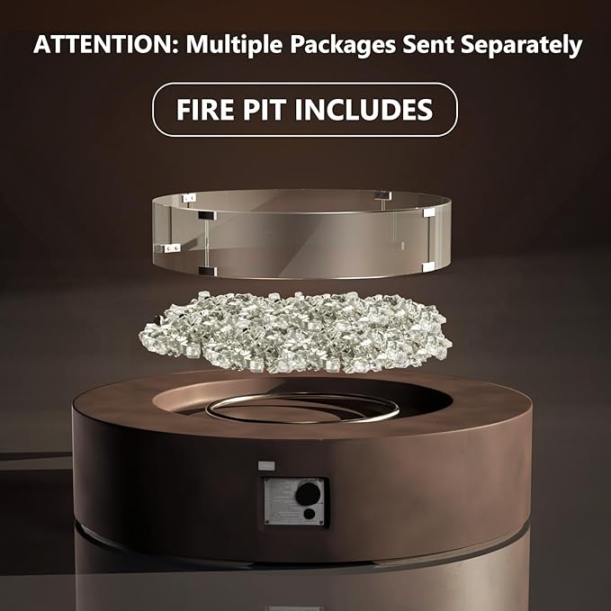 COSIEST Outdoor Propane Fire Pit Coffee Table w Bronze 42 inch Round Base Patio Heater, CSA Certified, 50,000 BTU Stainless Steel Burner, Wind Guard, Transparent Gray Fire Glass, Waterproof Cover