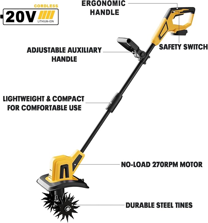 Cordless Garden Tiller Cultivator Compatible with Dewalt 20V MAX Battery, 270 RPM Electric Rototiller, 48 Steel Tines, 8.7" Tilling Width, 6.3" Depth, Rotary Tiller for Lawn/Gardening/Soil(Tool Only)